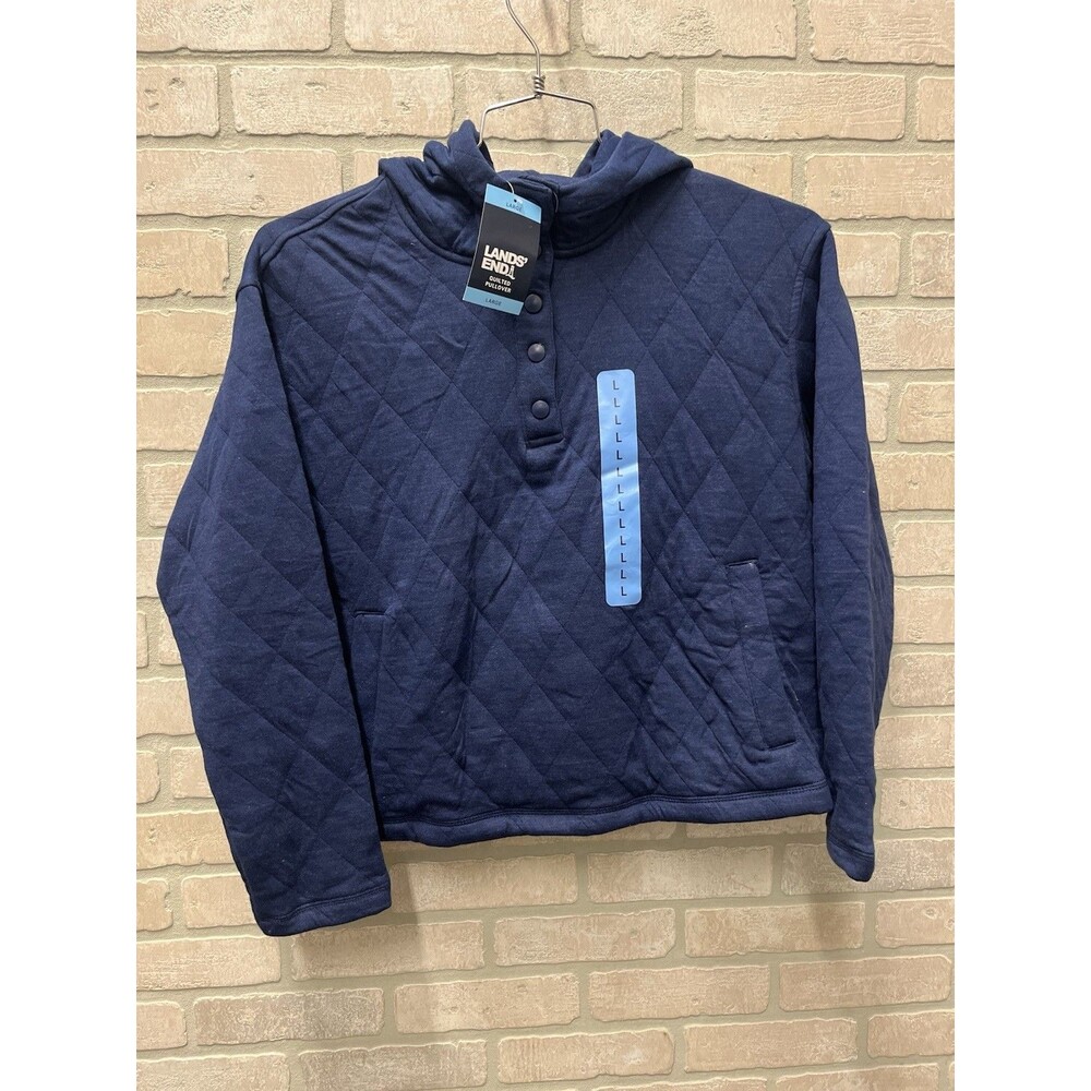 Lands End Womens Quilted Hooded Pullover Jacket 3/4 Button Sz L Navy Blue NWT